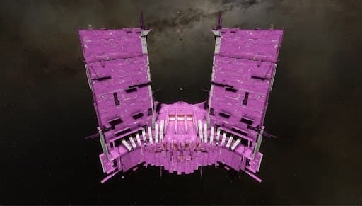 An EVE Online Keepstar structure with a bright pink skin in front of a hazy grey nebula