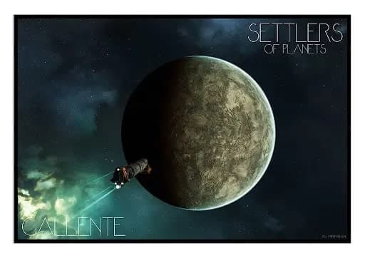 EVE Online guide - gallente propaganda showing a ship flying towards a planet with the text 'Settlers of Planets'