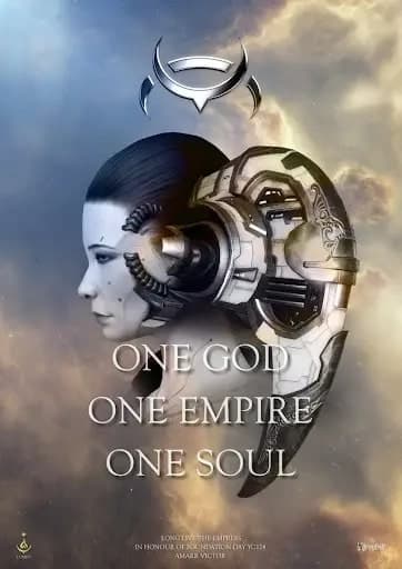 An Amarrian woman facing left and an Amarr ship facing right, with the Amarr logo above them