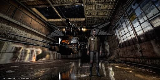 A Minimatar pilot stands next to his ship in a a dilapidated hanger