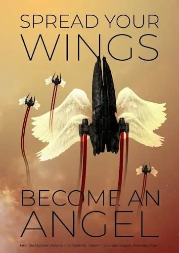 Propaganda for EVE Online's Angel Cartel, with the caption 'Spread your wings, become an angel' the ships have been given wings and they're leaking blood