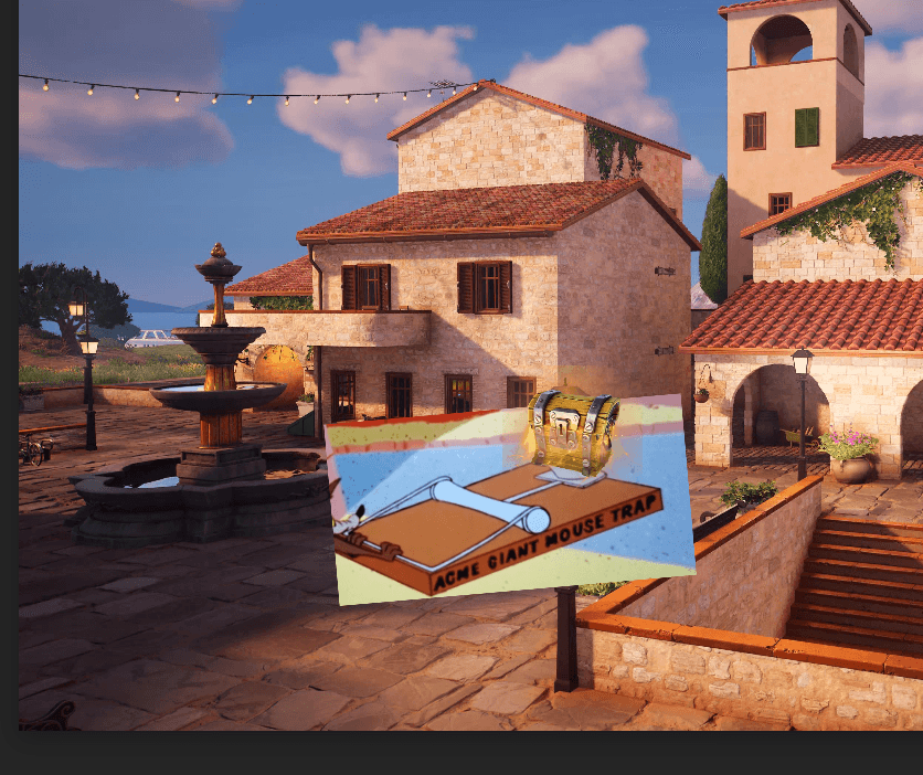 a fortnite POI with a large looney tunes mouse trap containing a fortnite chest as bait